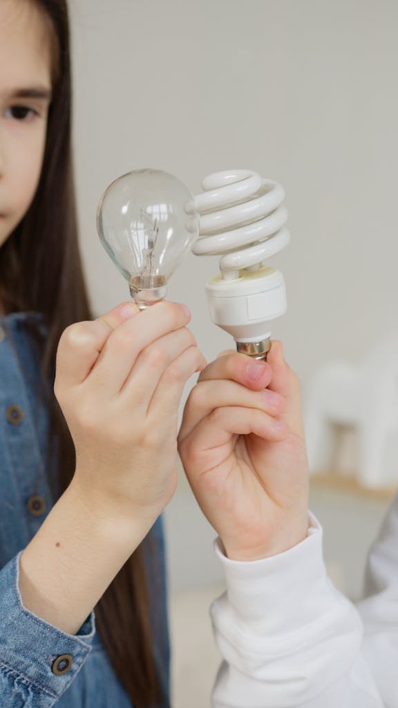 Two children comparing incandescent and CFL bulbs, highlighting differences in energy efficiency.